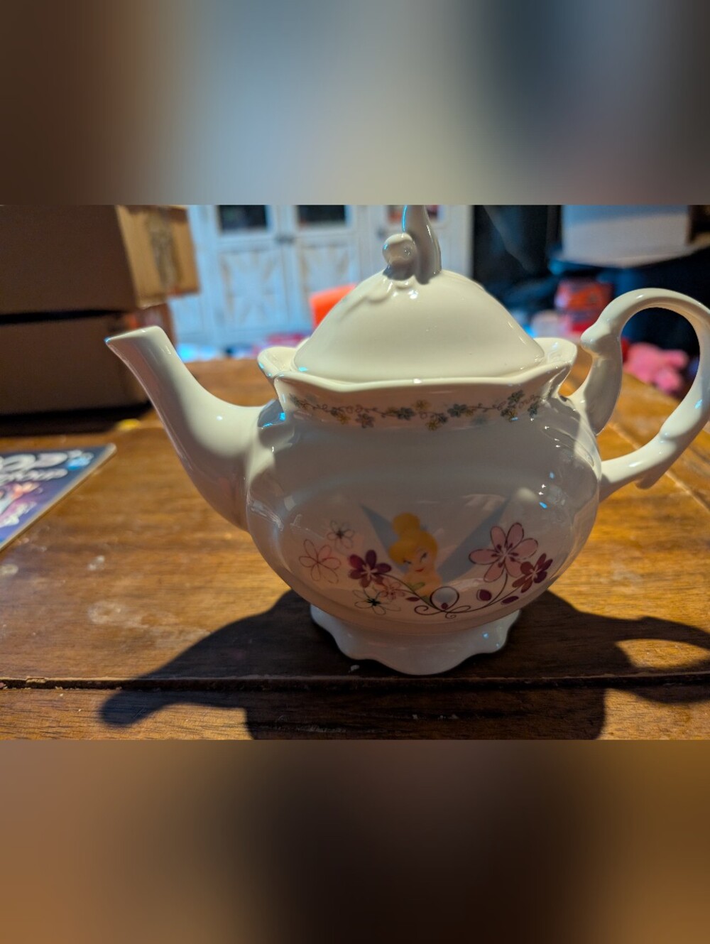 Disney "Tinkerbell with Flowers" Teapot ~ 7" White Ceramic w Floral Detail